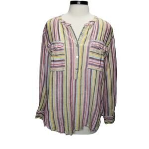 Elan Popover Top Large 100% Linen Striped Long Sleeve Split V Neck